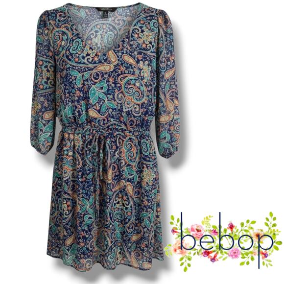 BeBop Women’s Navy Paisley Boho Chiffon Lined Mini Dress – Size Medium - Picture 8 of 9